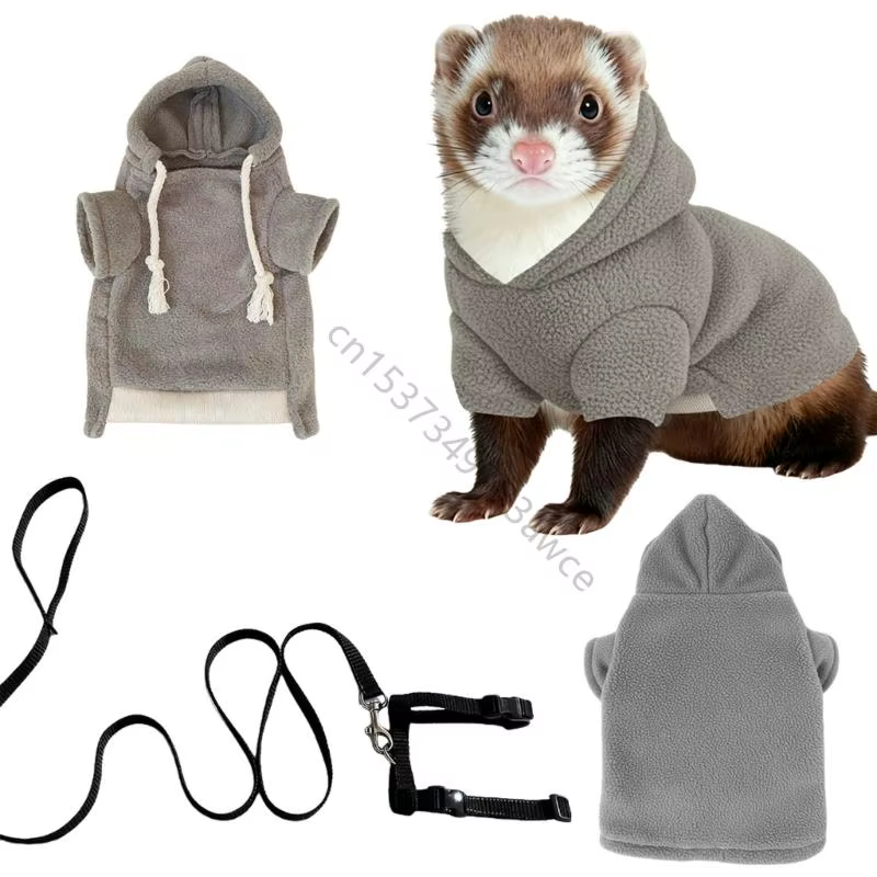 Ensemble pull à capuche harnais laisse pour furets, pour temps froid, avec tissu polaire doux, corde en Nylon, contrôle