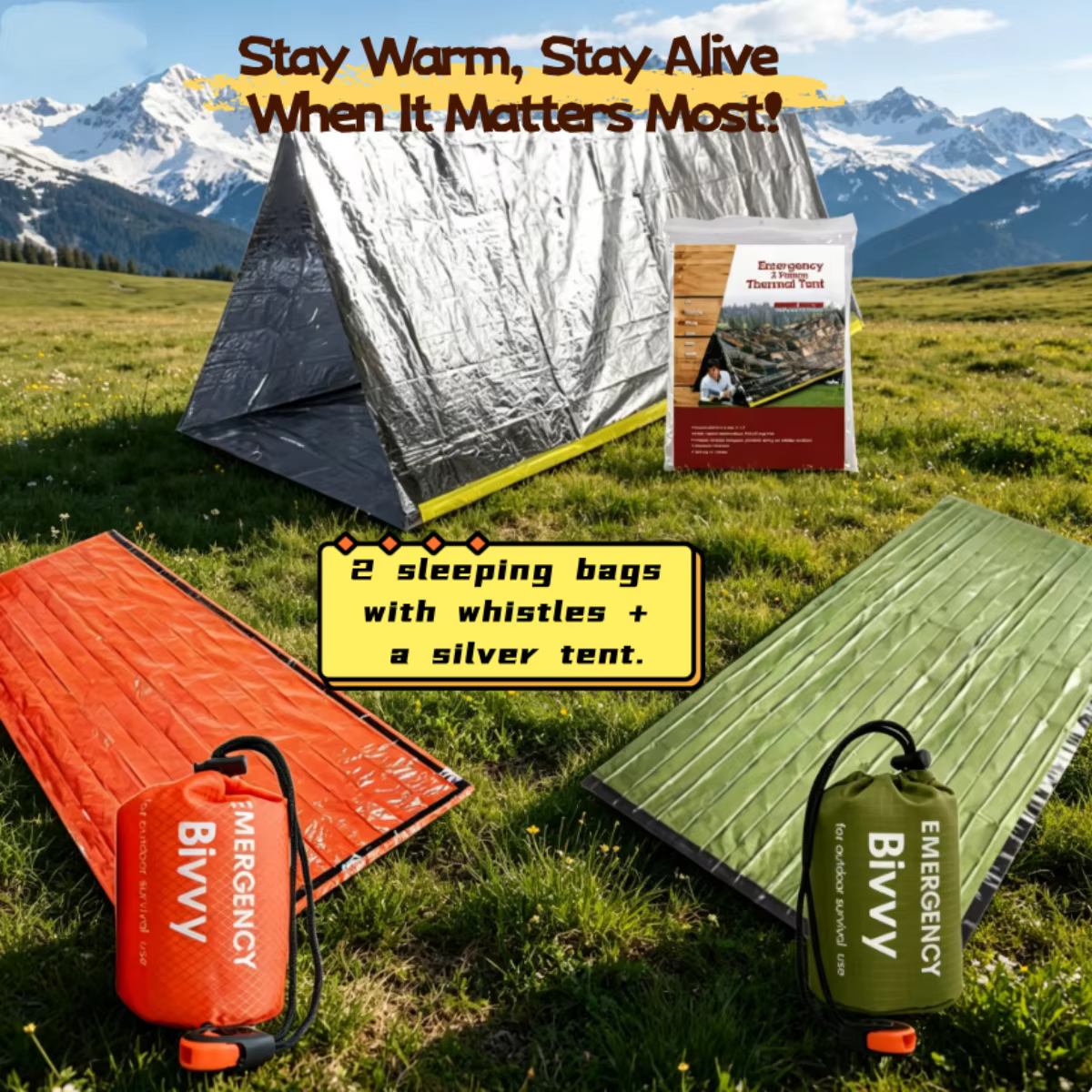 Tente thermique compacte d'urgence et sac de bivouac – Équipement de survie à déploiement rapide pour les aventures dans le désert et les randonnées d'une journée