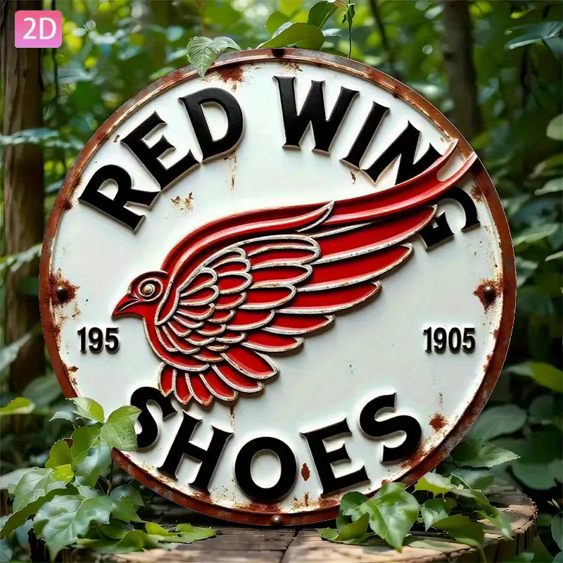 [2D Plat] Panneau mural en métal pour chaussures à ailes rouges vintage – Décor rustique en aluminium avec un design
