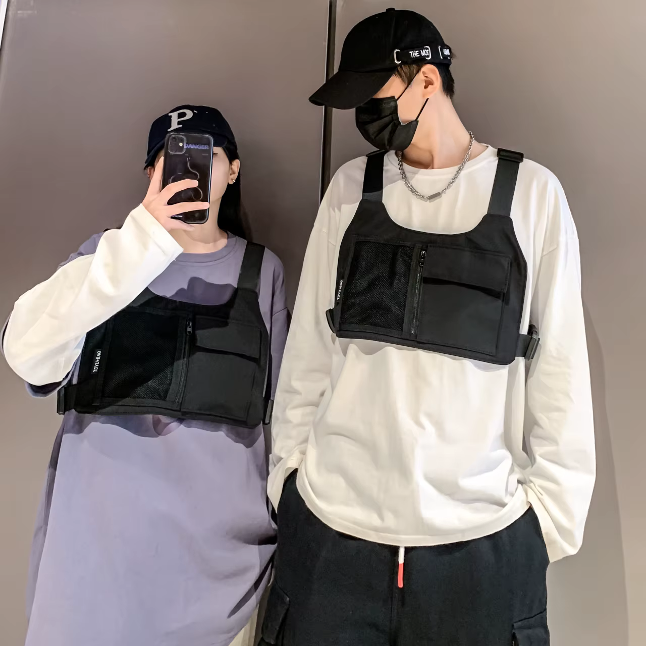 Sac de poitrine unisexe en nylon noir, sac à dos tactique pour sports de plein air, sac banane streetwear hip-hop
