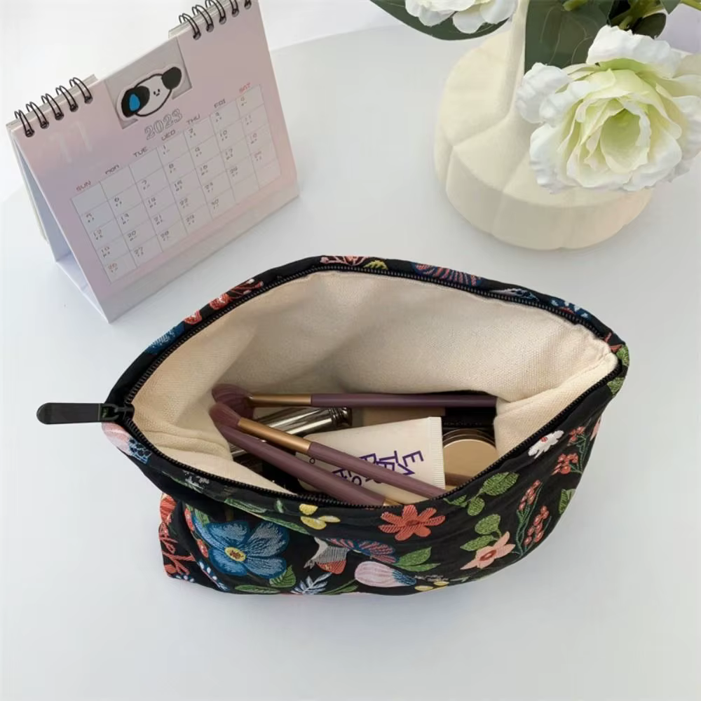 Pochette cosmétique brodée en toile, style coréen, grande capacité, sac de rangement jacquard, trousse de maquillage portable à fermeture éclair, pour l'extérieur