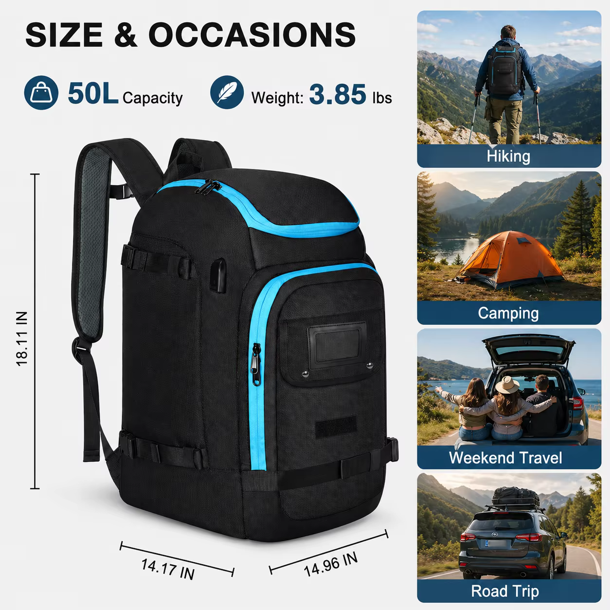 Sac à dos de randonnée 50L avec tissu Oxford résistant à l'eau