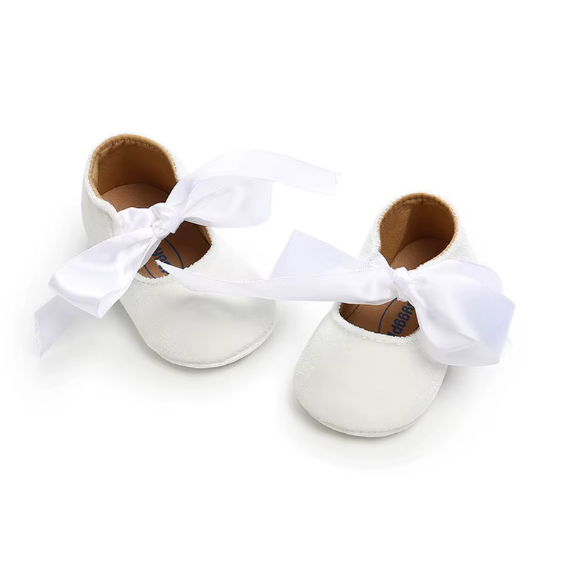 Chaussures pour nouveau-né fille, mocassins avec ruban et nœud papillon, semelle antidérapante en caoutchouc