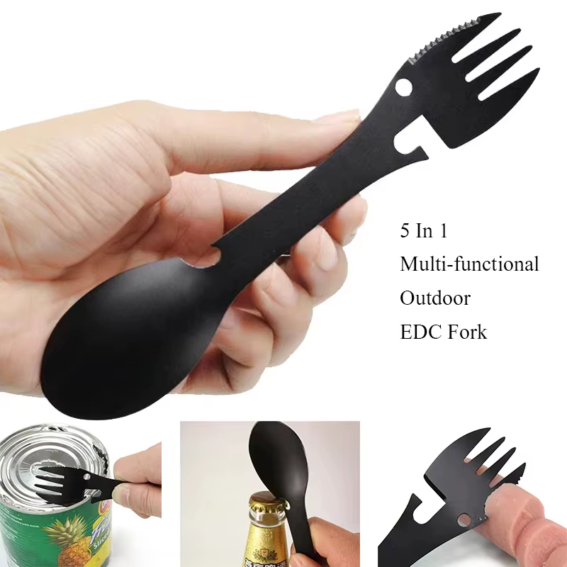 Outils de survie en plein air 5 en 1, kit EDC multifonctionnel pour le camping, fourchette, couteau, cuillère, ouvre-bouteille/ouvre-boîte pratique