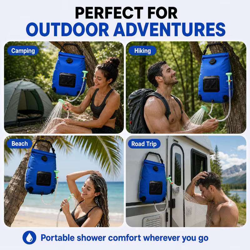 Sac de douche solaire 20L, sac d'eau portable pour le camping avec tuyau et buse pour la randonnée, les voyages et les activités de plein air