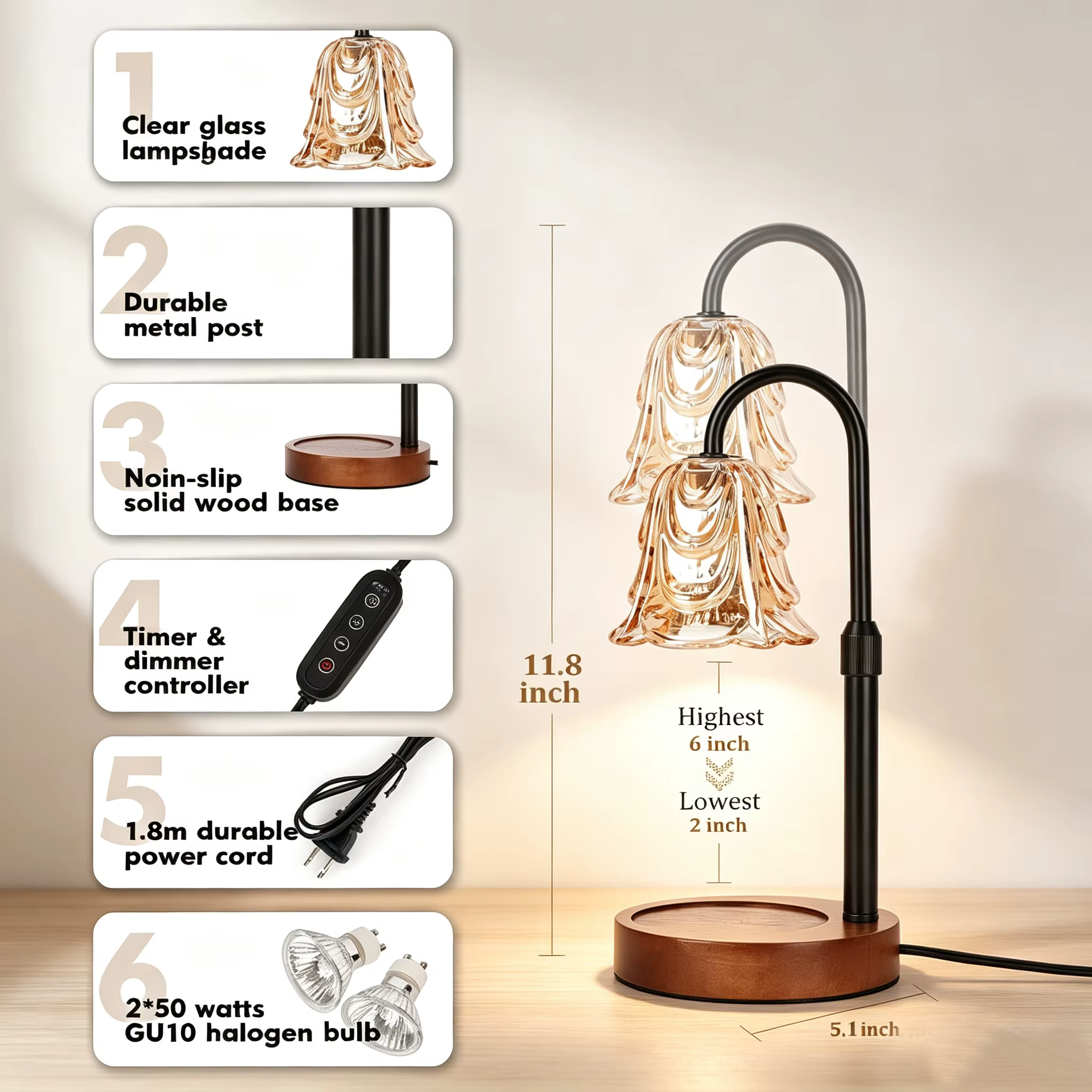 Lampe chauffe-bougie en forme de fleur avec minuterie, variateur d'intensité, hauteur réglable, 4 vitesses de variation d'intensité, avec 2 ampoules pour la décoration de la nouvelle maison et du salo