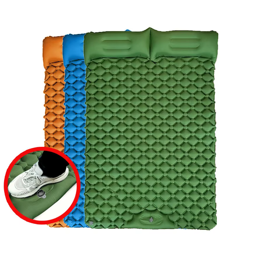 Matelas gonflable de camping pour 2 personnes avec pompe intégrée à commande au pied et oreiller