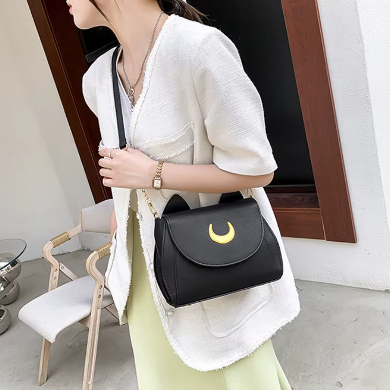 Été marin lune dames sac à main noir Luna chat forme chaîne sac à bandoulière en cuir PU femmes messager