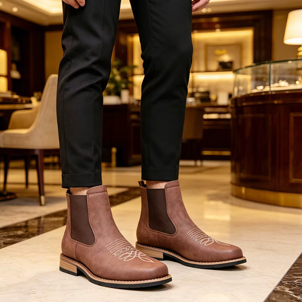 Bottes Chelsea pour hommes, bottes en cuir décontractées de haute qualité, bottes rétro à la cheville pour hommes, bottes de cowboy brodées, Botas Masculinas