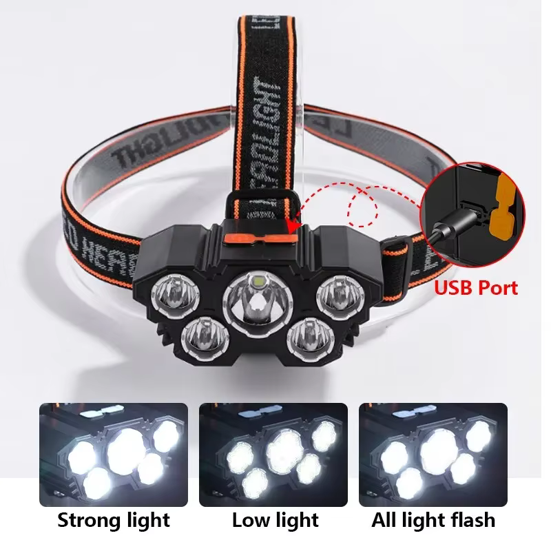 Lampe frontale rechargeable à 5 LED, lumière forte, batterie 18650 intégrée pour Camping, aventure, pêche, mise au point réglable, tête étanche