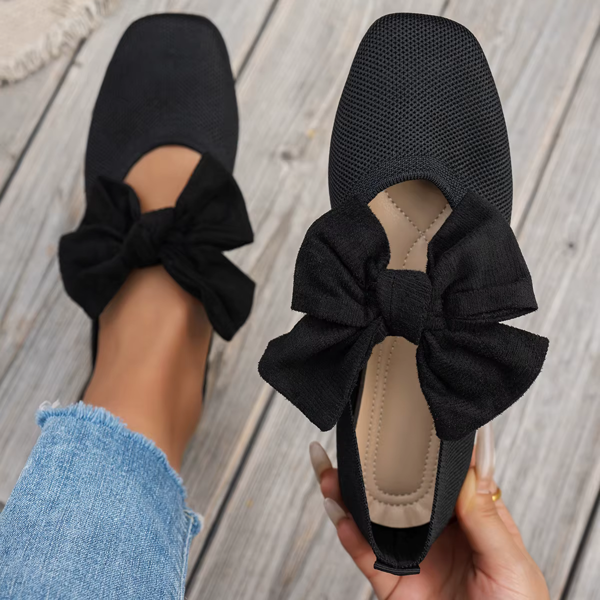 Chaussures plates en dentelle et maille pour femme 2026 – Nouveauté tendance à bout carré avec nœud