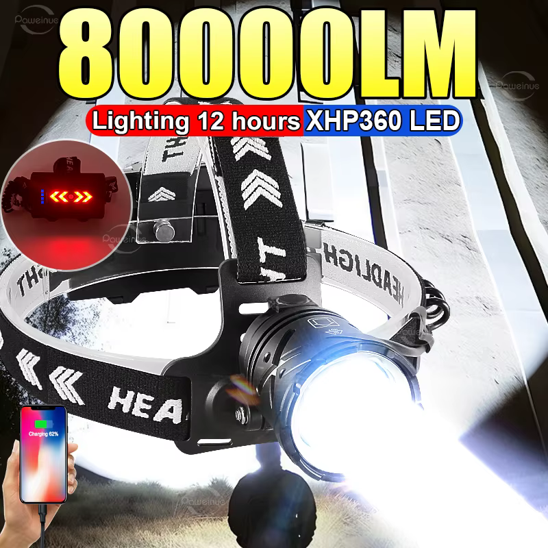 8000LM lampe frontale puissante USB Rechargeable phare