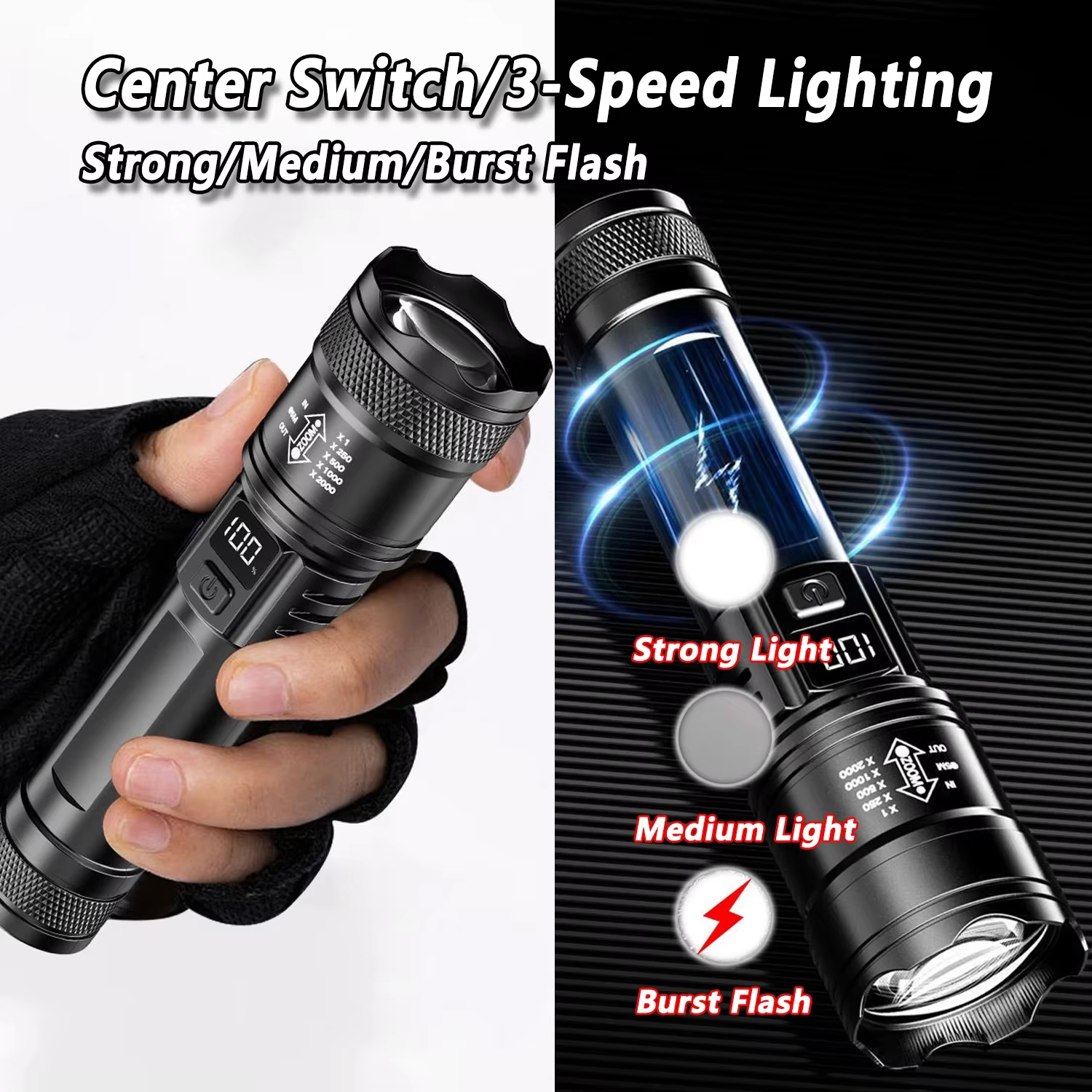 Lampe de poche LED Ultra lumineuse 2000LM type-c Rechargeable longue portée Zoom torche tactique extérieure d'urgence Camping pêche lanterne