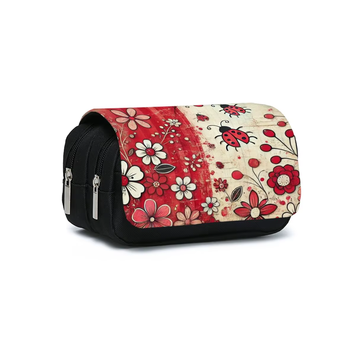 Étui à crayons double couche motif coccinelle, fleur et champignon pour garçon/fille, meilleurs cadeaux, trousse scolaire 2D dessin animé pour enfants