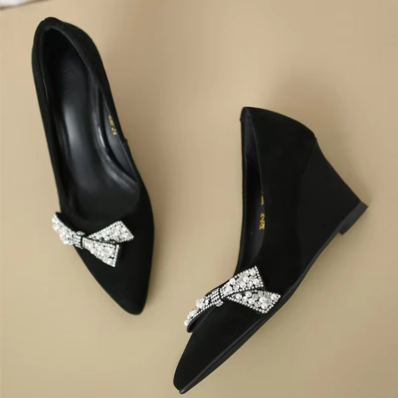 FHC – escarpins en Nubuck pour femmes, chaussures floquées à talons hauts, semelles compensées avec nœud papillon en strass, à enfiler, bout pointu, noir, grande taille, 34-42, livraison directe