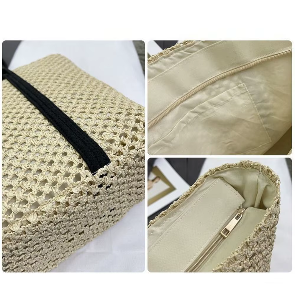 Sacs en paille tressés faits à la main, grande capacité, fermeture éclair, sacs de plage, sacs à main à poignée supérieure, couleur unie, sacs à bandoulière pour femmes