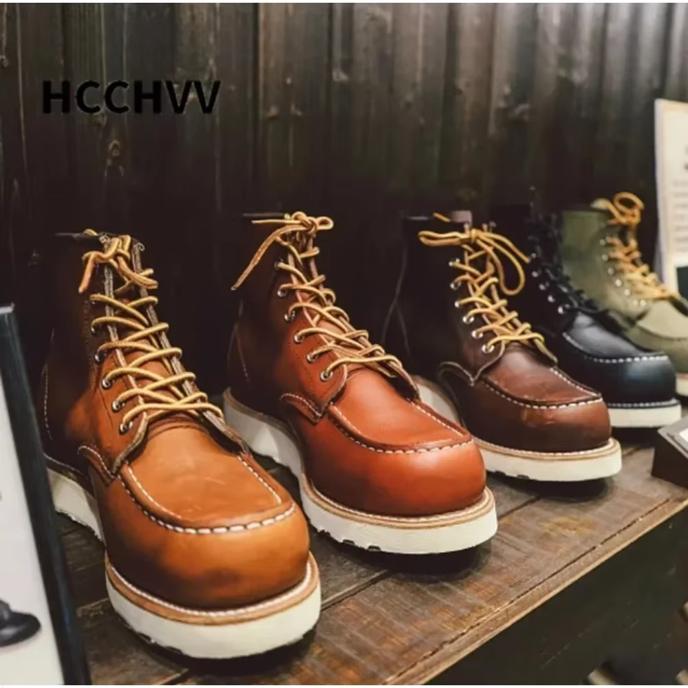 Bottes de moto en cuir véritable cousues Goodyear pour hommes, bottes provoqué punk décontractées, chaussures de travail mi-mollet, bout rond, rouge occidental, vintage