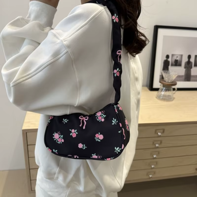 Sacs à main en toile imprimé doux pour femmes, fourre-tout coréen avec nœud Floral imprimé avec fermeture éclair, petit sac à bandoulière, nouvelle collection