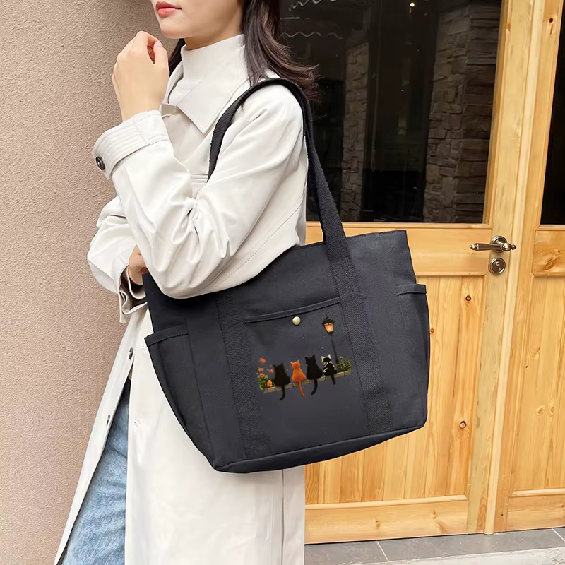 Filles femmes graphique sac fourre-tout grande capacité dessin animé épaule mignon chat Shopper sacs à main épaule mode toile décontracté Shopping