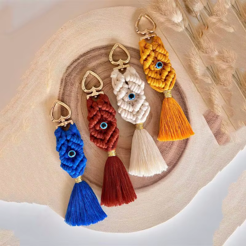 Porte-clés Macramé œil, style bohème, tissé à la main, avec pompon, breloque de sac, style ethnique vintage, pour clés de voiture, sac à main, accessoires