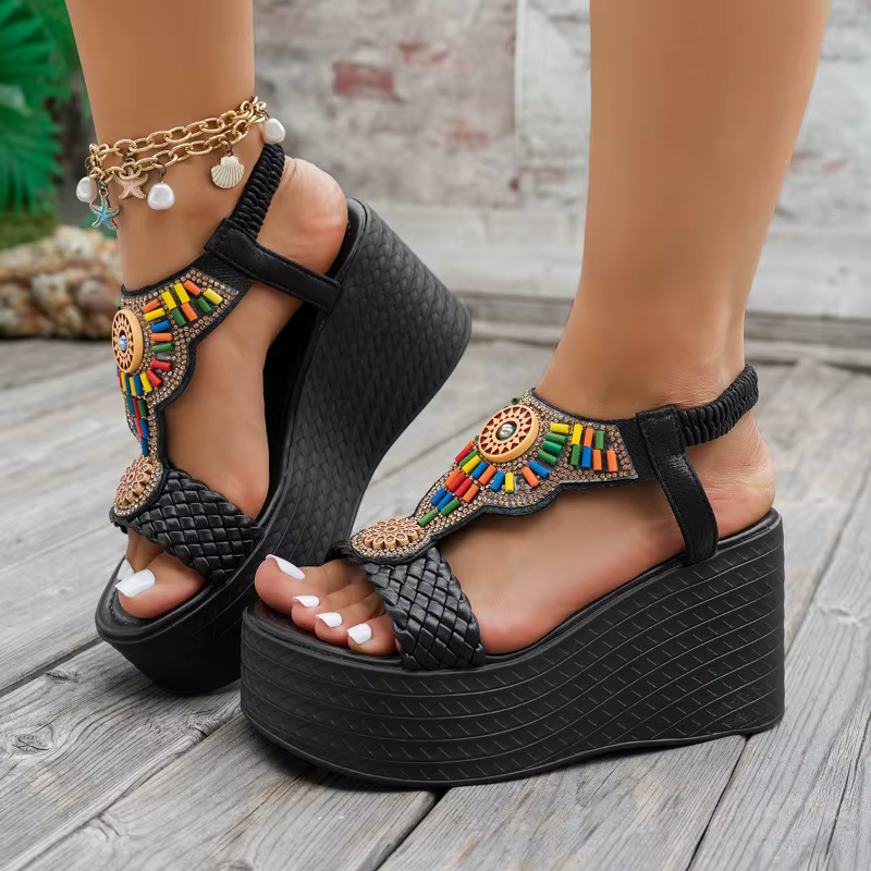 Sandales pour femmes, style bohème, sandales compensées, été, semelle épaisse, antidérapantes, chaussures de plage, sandales à plateforme chunky avec perles colorées