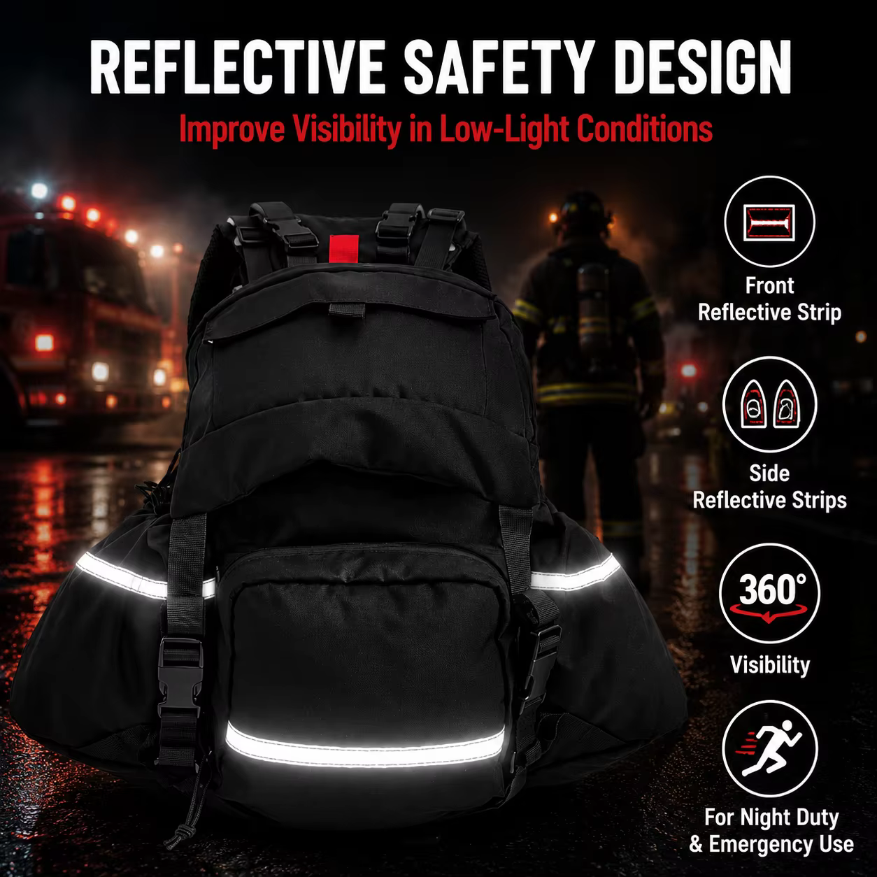 Sac à dos de rangement pour équipement de lutte contre les incendies, noir, extensible, sac de secours d'urgence avec bandes réfléchissantes, organisateur multi-poches pour la lutte contre les incendi