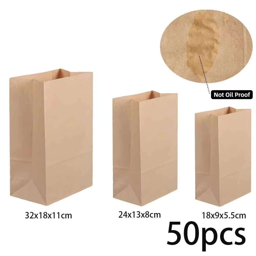 50 sacs en papier kraft jetables à fond carré, non résistants à l'huile, sacs à emporter, sacs d'emballage alimentaire, sacs à biscuits