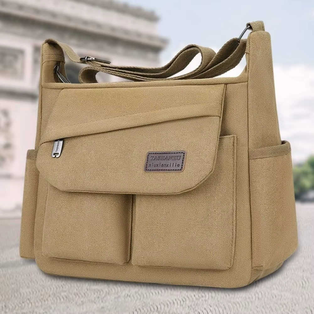Sac à bandoulière en toile pour hommes, grande capacité, couleur unie, style coréen, sac messager polyvalent avec fermeture éclair, sac à bandoulière pour hommes