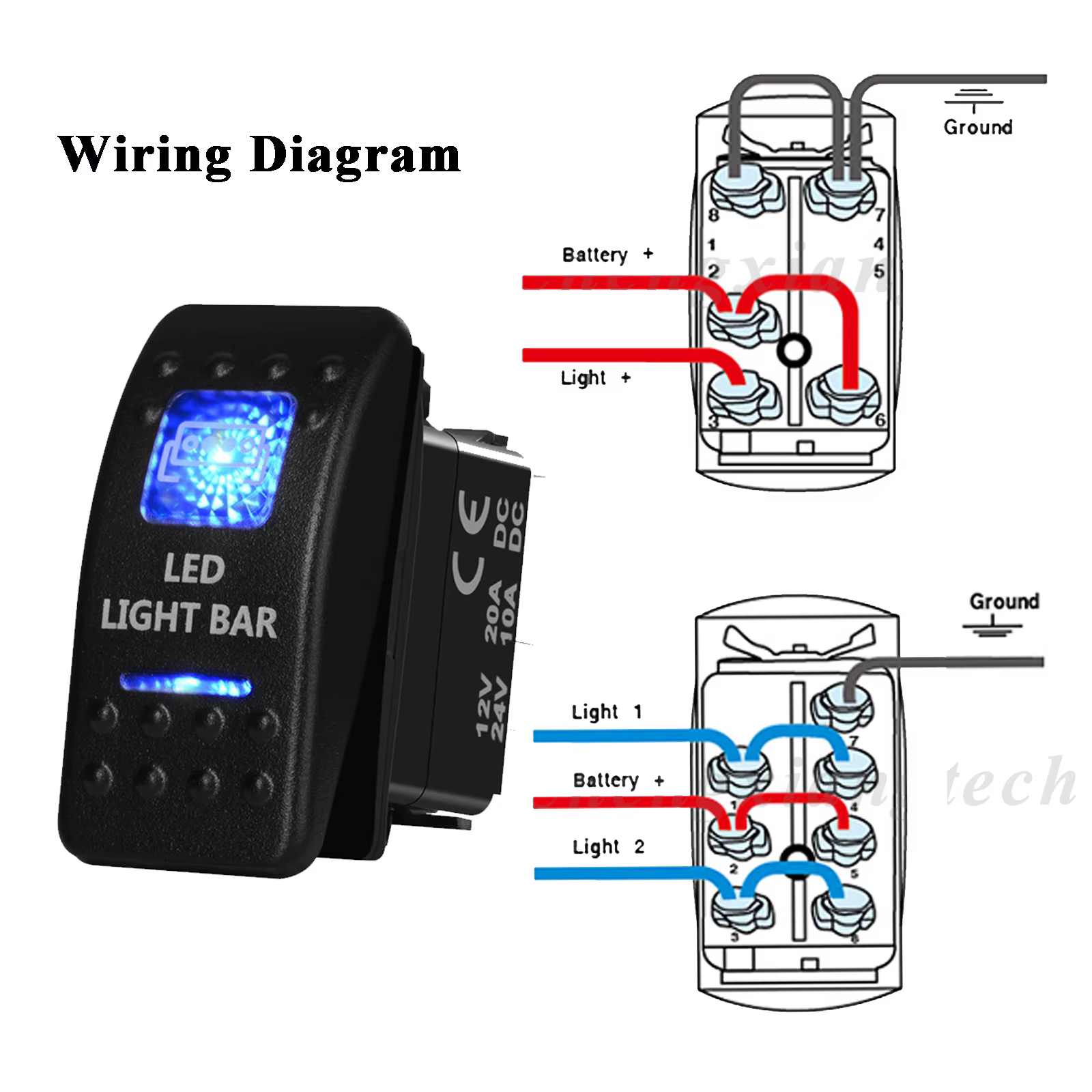 Interrupteur à bascule 12V de qualité marine SPST/ON-OFF, DPDT/(ON)-OFF (ON) avec barre lumineuse LED bleue pour Carling ARB NARVA, remplacement étanche IP66