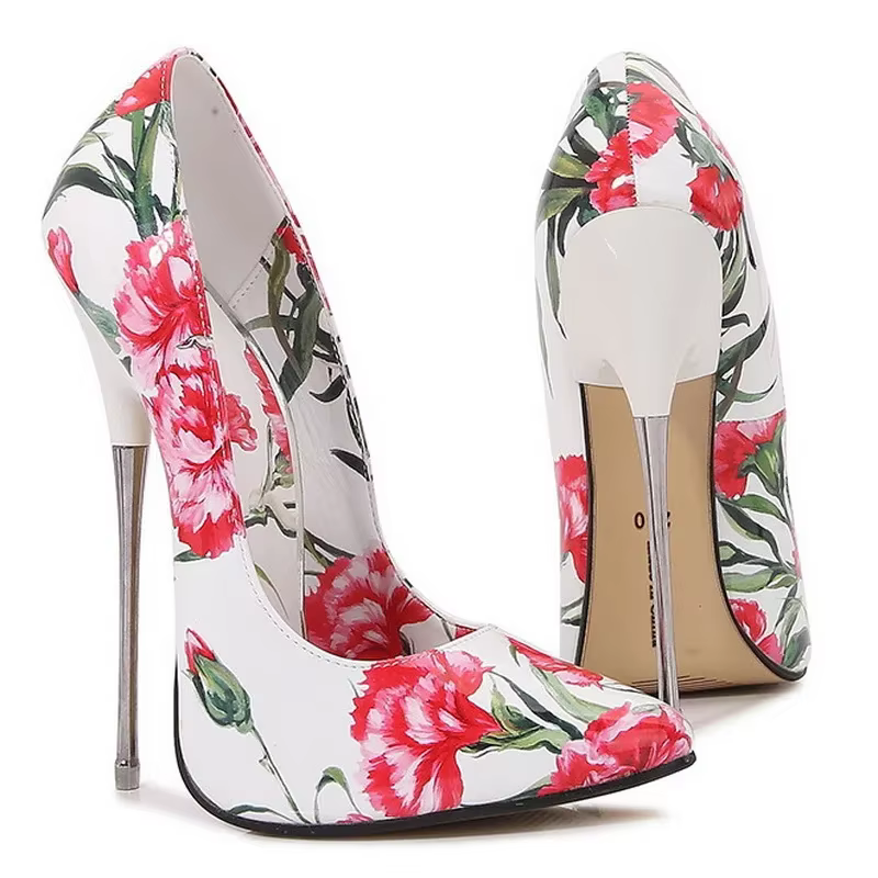 Chaussures à talons hauts en métal à fleurs roses pour femmes, escarpins à bout pointu pour boîte de nuit, fête, pub, banquet, podium, travestissement, literie