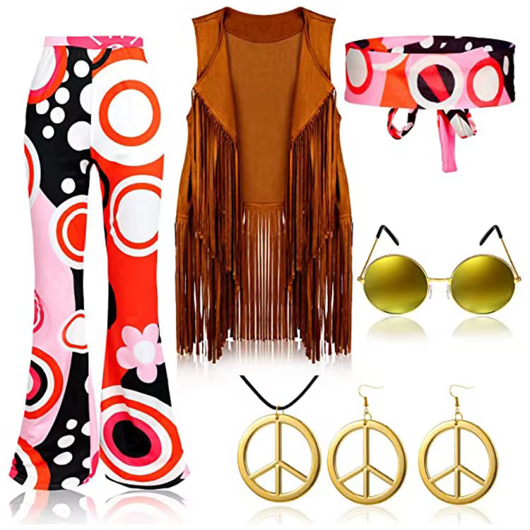 Costume Hippie Femme Amour et Paix Années 60 70 Tenue de Scène Fille Accessoires de Performance à Pompons Indiens