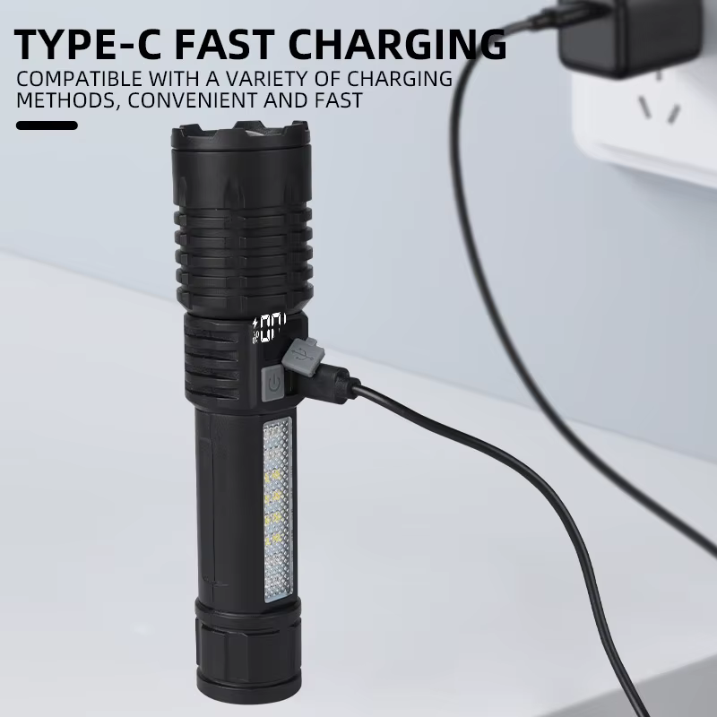 Lampes de poche LED haute puissance rechargeables portables avec écran d'affichage Zoom lampe torche tactique avec lanterne de lumières latérales de secours