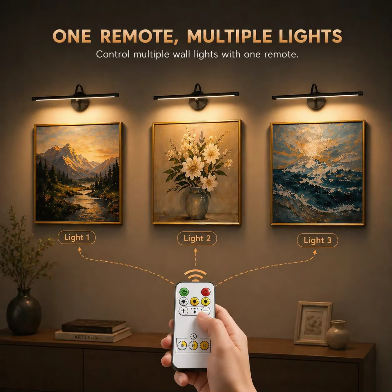Lampe à LED sans fil pour tableau avec télécommande, 360° ° Lampe murale magnétique réglable, rechargeable par USB, éclairage à 3 couleurs réglables