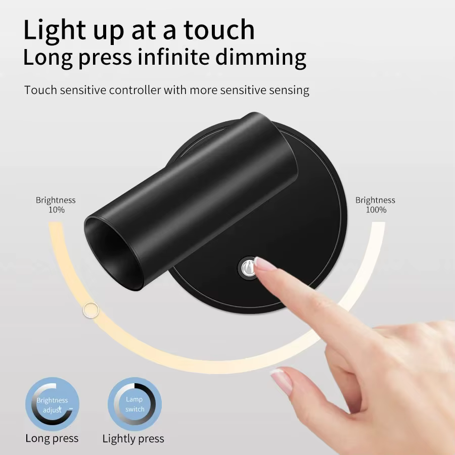 Lampe murale LED magnétique rechargeable par USB, projecteur sans fil, sans perçage, lampe de lecture avec interrupteur tactile, lampe de chevet à intensité variable