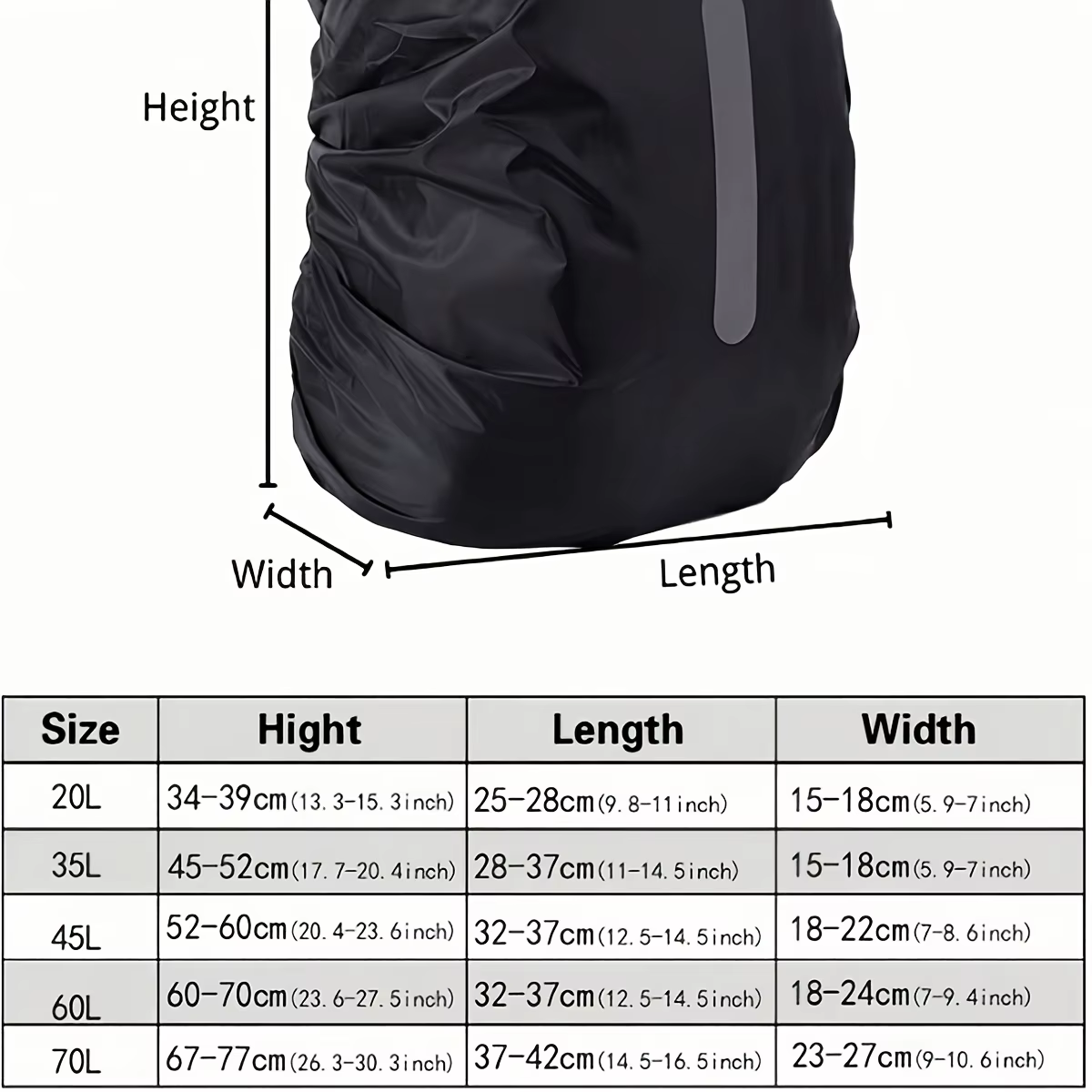 Sac à dos pliable noir 20-70L avec bande réfléchissante