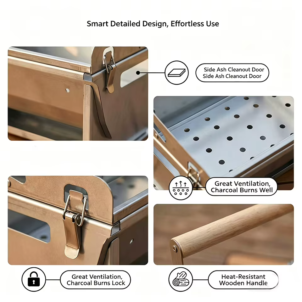 Portable 360 ° Barbecue pliable rotatif au charbon de bois en acier inoxydable avec grille amovible pour le camping