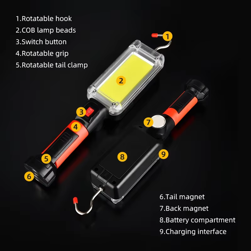 Projecteur COB Rechargeable Lampe de Travail LED Utilisation de 2*18650 Batterie LED Lumière Portable Magnétique Crochet Clip Étanche
