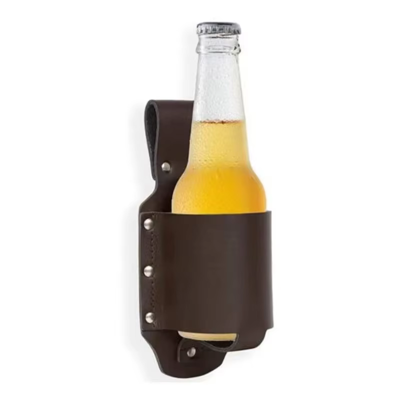 Porte-bouteille de bière portable en cuir pour la taille, support mains libres pour canettes, idéal pour l'escalade, la randonnée, le camping, compatible avec les canettes de 350 ml et 600 ml