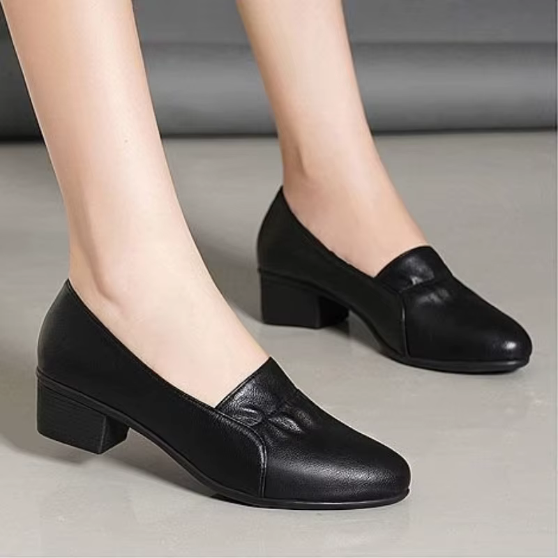 Chaussures de marche confortables pour femmes, escarpins à talon bloc moyen, mocassins à enfiler en cuir PU, talons carrés vintage, chaussures habillées de bureau pour femmes