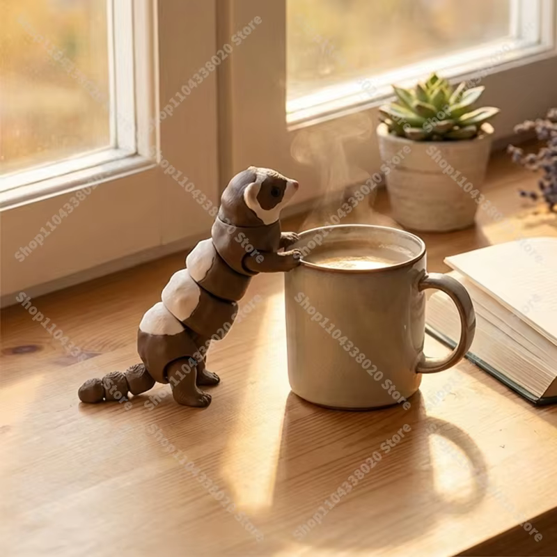 Figurine de furet articulée – Animal en peluche articulé marron et blanc de 8 cm, poseable à collectionner pour la décoration de bureau