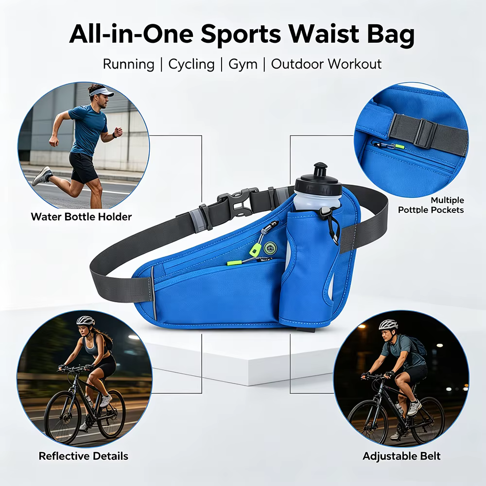 Sac banane de sport unisexe multicolore avec poche pour bouteille d'eau, ceinture de course ajustable et étanche, rangement pour téléphone portable