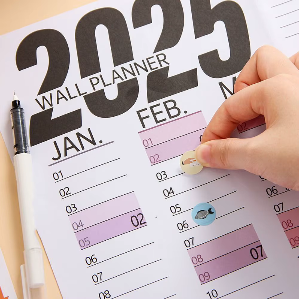 Planificateur pliable 2025 avec autocollants colorés, calendrier mural décoratif en plastique, liste de choses à faire