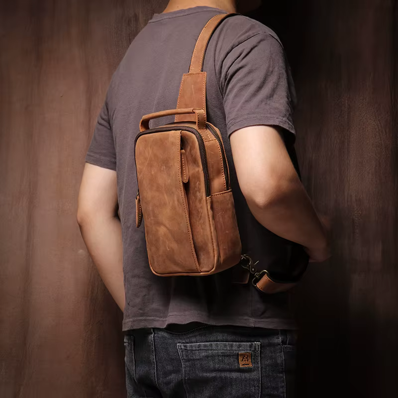 Sac de poitrine en cuir véritable pour homme