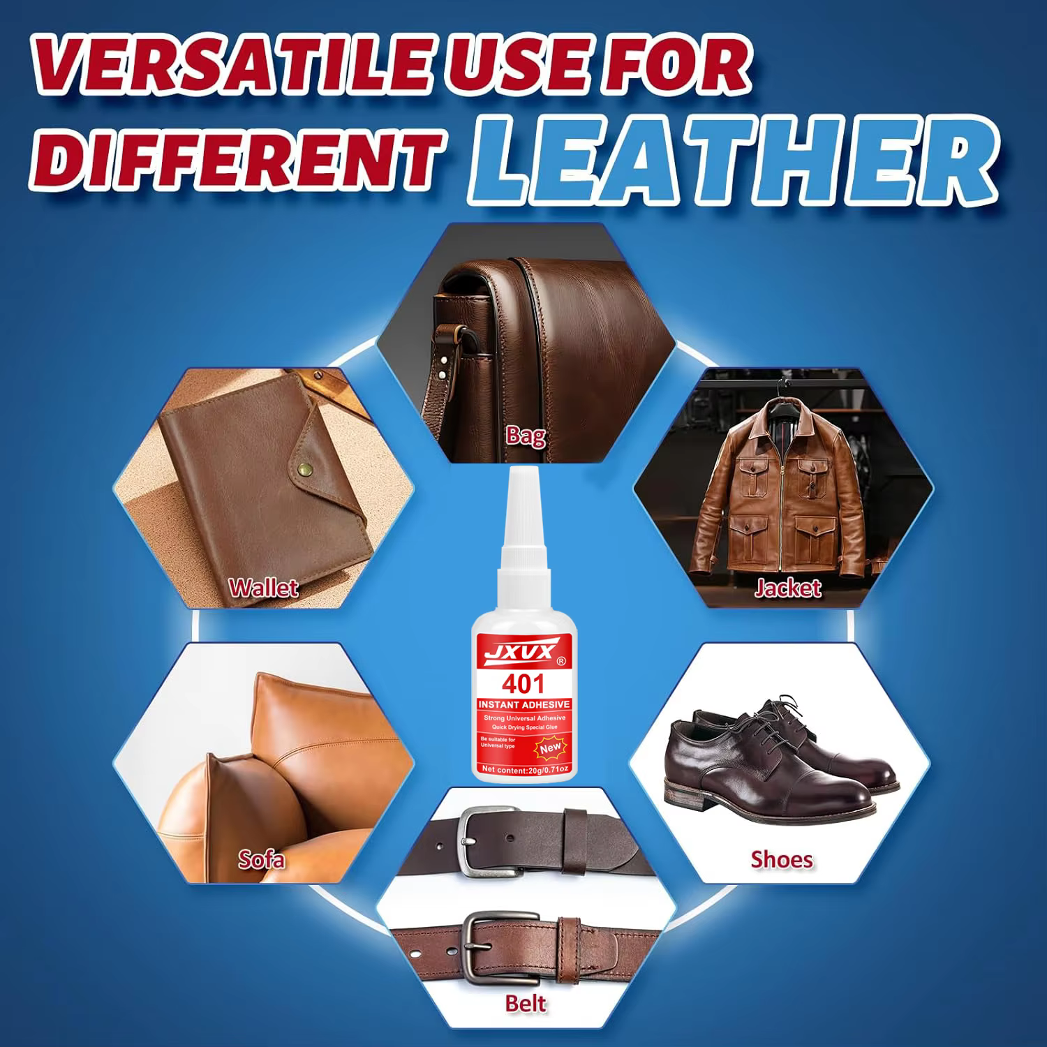 Colle à cuir 401, ultra-résistante, formule flexible imperméable, pour la réparation du cuir, chaussures, sacs, canapés, sièges de voiture, artisanat DIY, séchage rapide.