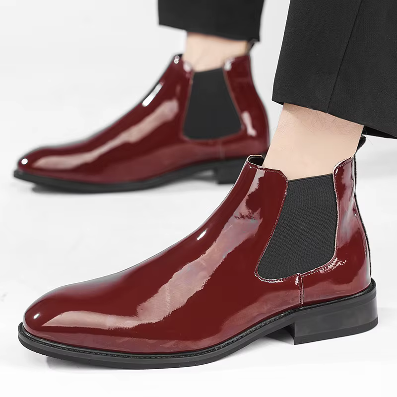 Bottines Chelsea pour hommes en cuir verni noir boucle cheville bout rond affaires classique à la main hommes bottes courtes Botas De Hombre