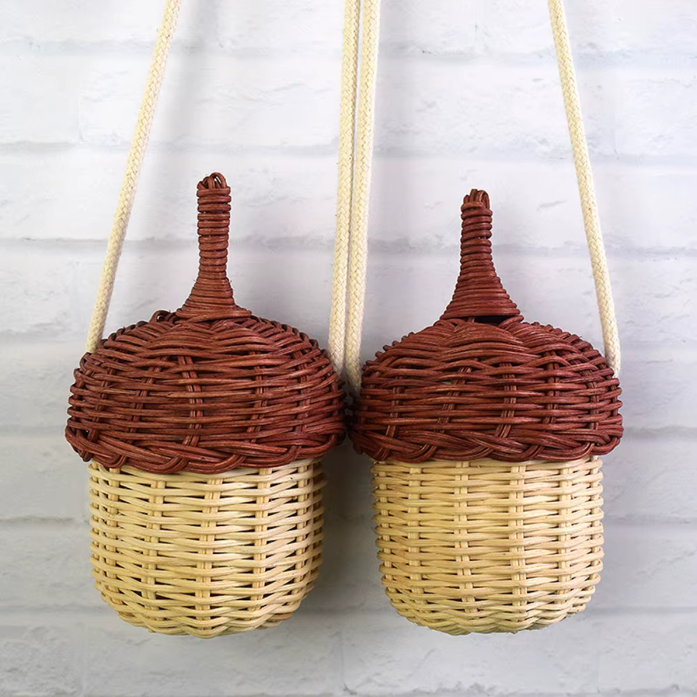 Sac à main à bandoulière en forme de pomme de pin tissé à la main, Mini sac Vintage en rotin, sac à bandoulière en rotin pour enfants