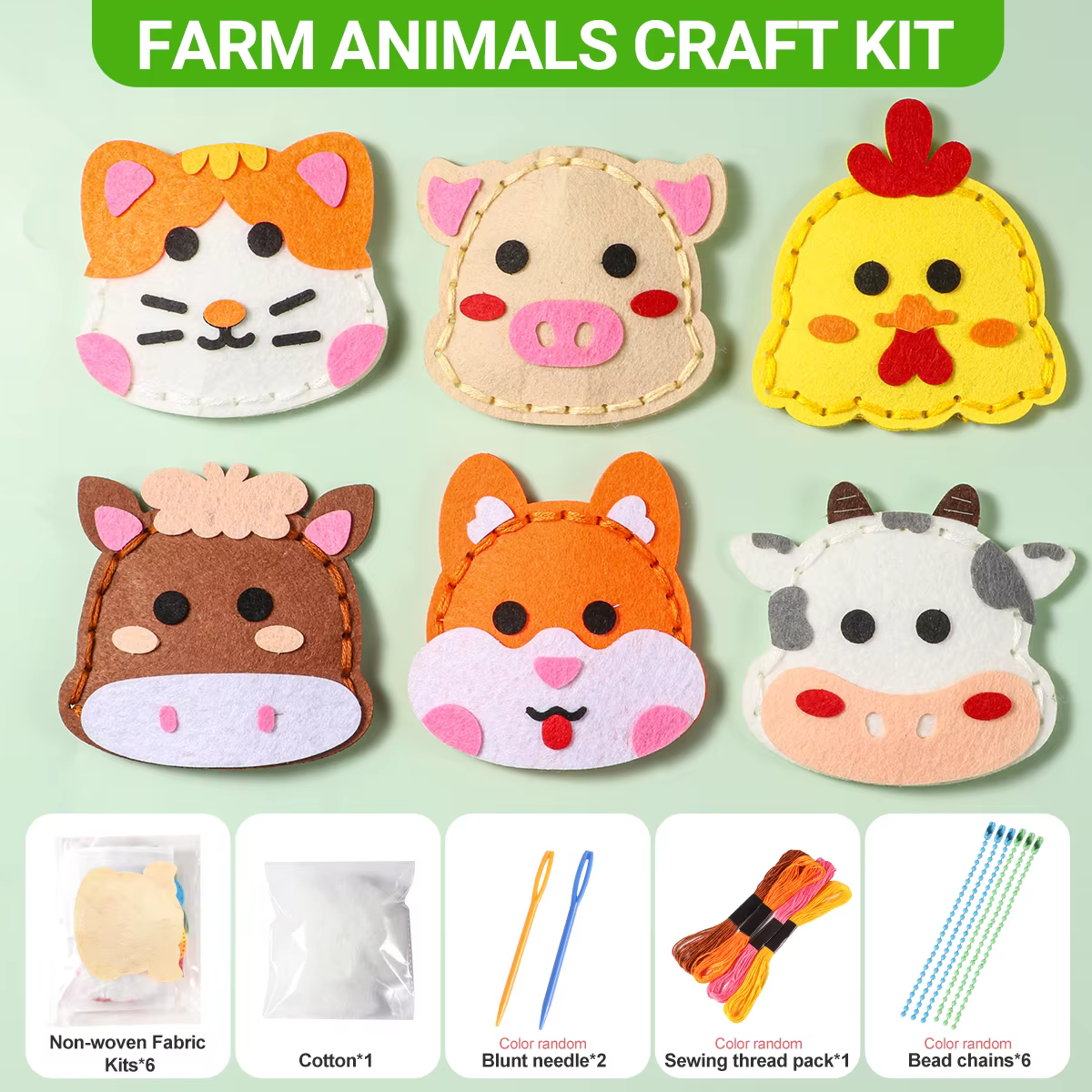 Kit de couture d'animaux de ferme DIY de 6 pièces ; Kit de couture à la main pour débutant ; Pendentif de sac d'école d'animal de dessin animé mignon de vache, cheval, poulet ; Naissance
