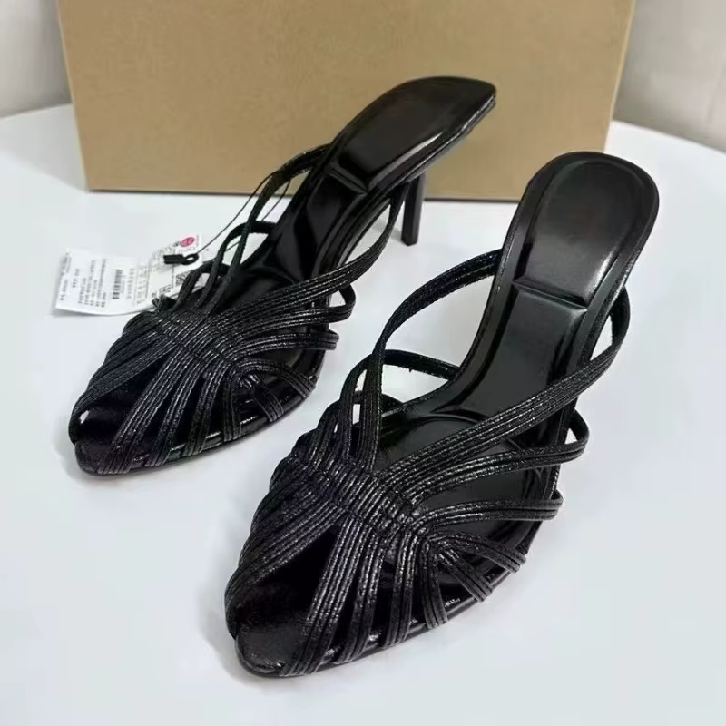 Pantoufles à talons hauts pour femmes, Design à bande étroite dorée, sandales coulissantes à bout pointu et à talons fins, chaussures élégantes pour robe de Banquet