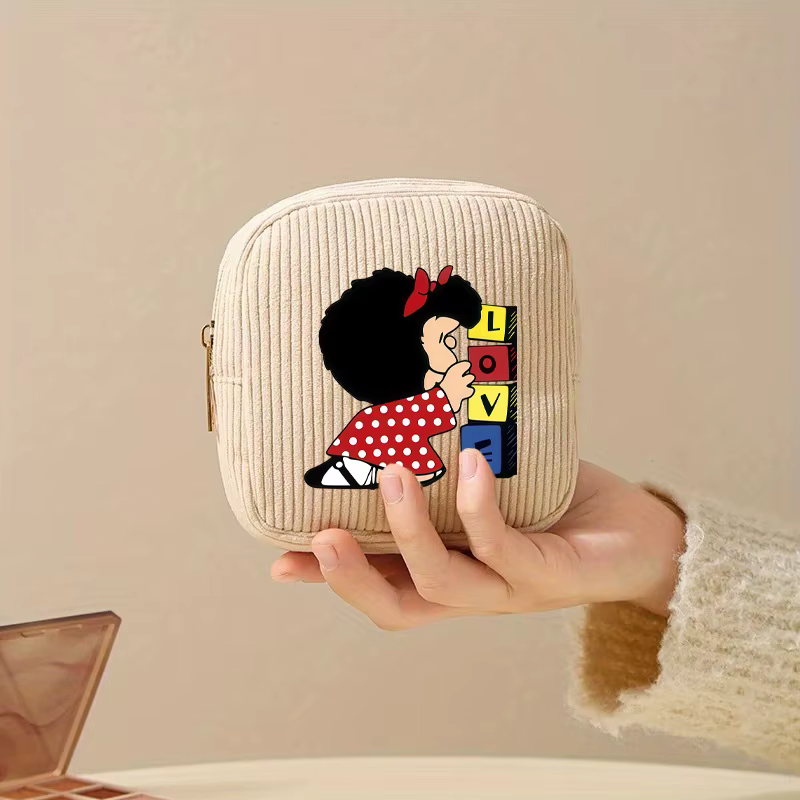 【Trousse à cosmétiques en velours côtelé】 1 pièce Cube sac de maquillage-MAFALDA motif de dessin animé petit sac de