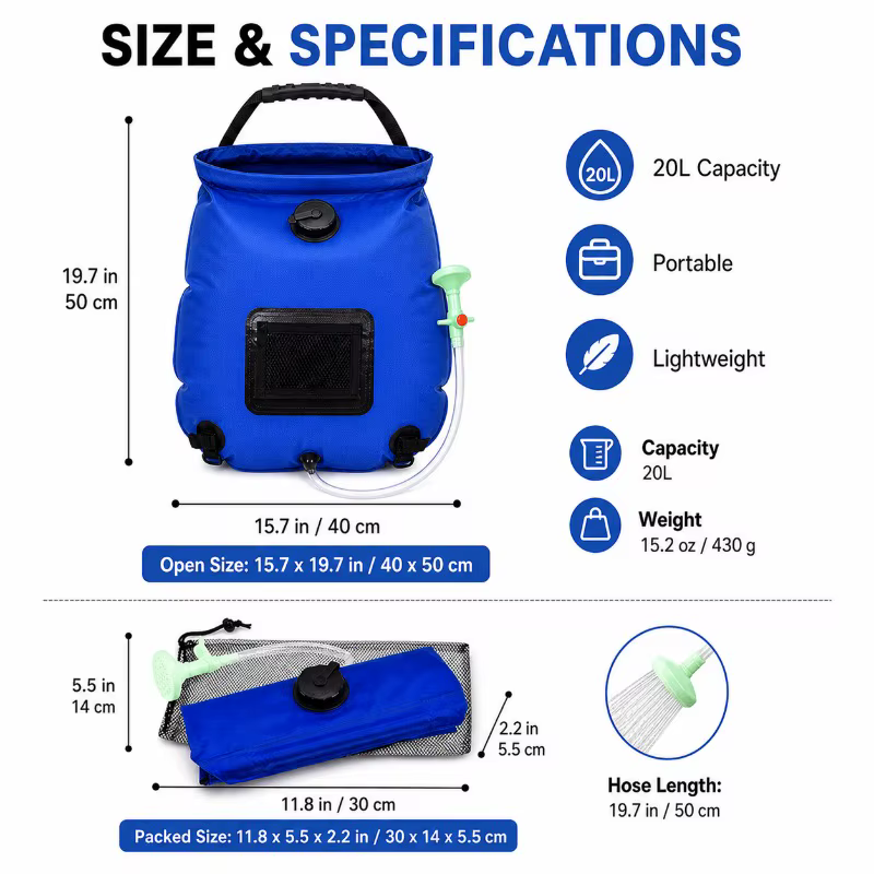 Sac de douche solaire 20L, sac d'eau portable pour le camping avec tuyau et buse pour la randonnée, les voyages et les activités de plein air